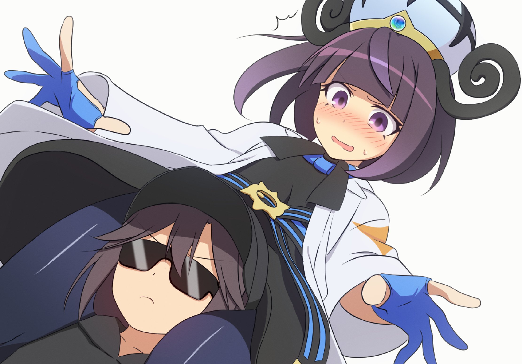 curakuru, curakuru (character), gwynn (pokemon), nintendo, original, pokemon, pokemon legends: z-a, highres, 2girls, belt, belt buckle, black hat, black pantyhose, blue gloves, blush, bob cut, buckle, closed mouth, coat, dress, gloves, hat, head between thighs, long sleeves, mega stone, multiple girls, o-ring, o-ring belt, open clothes, open coat, open mouth, pantyhose, partially fingerless gloves, purple eyes, purple hair, short hair, sunglasses, sweat, white background, white coat