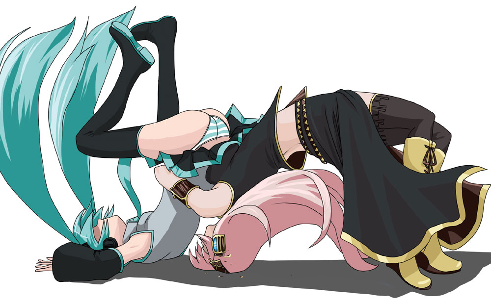 mumi (muminchu), muminchu, hatsune miku, megurine luka, vocaloid, 2girls, aqua eyes, aqua hair, armband, boots, detached sleeves, german suplex, headphones, knee boots, long hair, multiple girls, necktie, panties, pink hair, skirt, striped clothes, striped panties, suplex, thigh boots, thighhighs, twintails, underwear, very long hair
