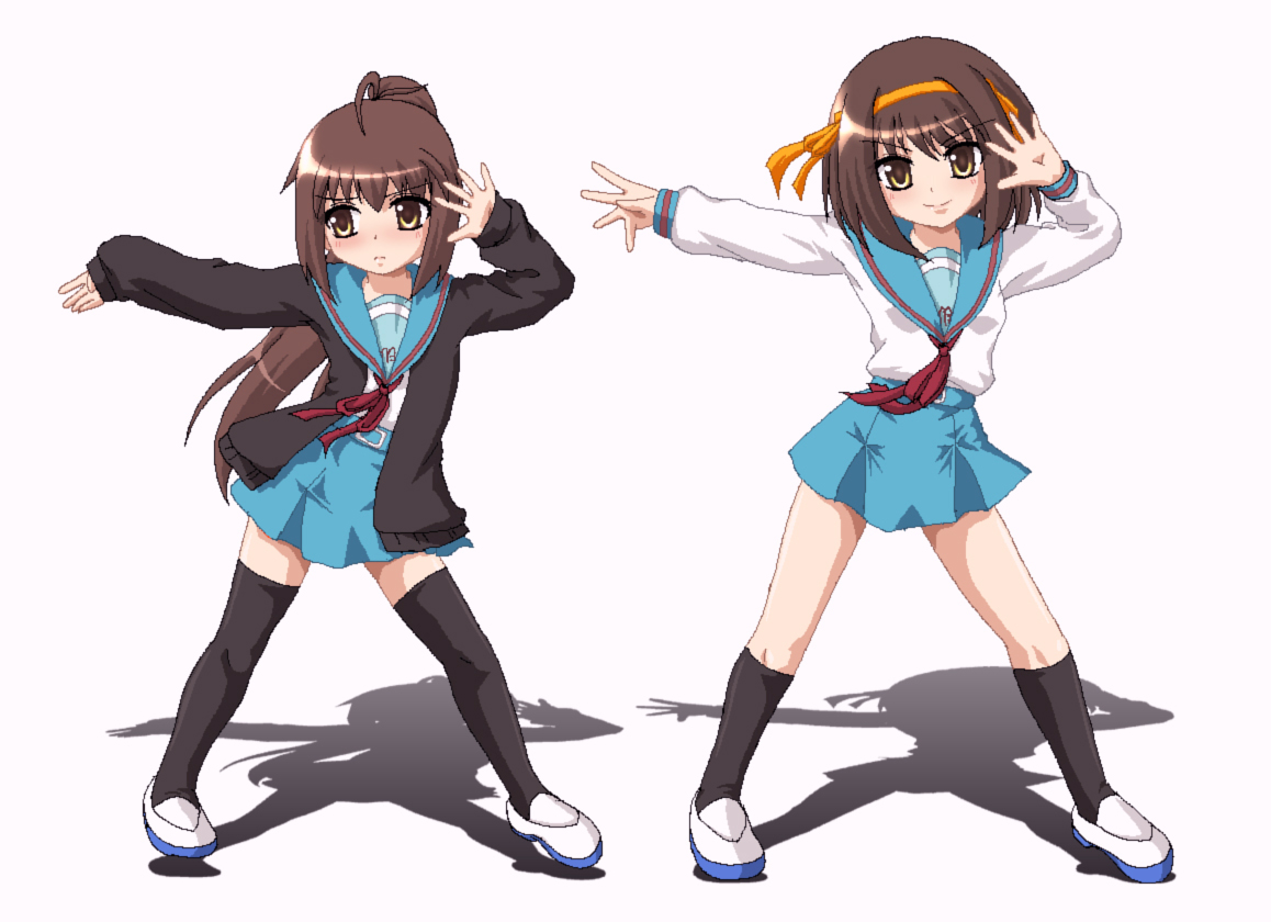 hayashiya zankurou, kyonko, suzumiya haruhi, suzumiya haruhi no yuuutsu, 00s, 2girls, brown eyes, brown hair, cardigan, dancing, genderswap, genderswap (mtf), hairband, long hair, multiple girls, oekaki, pixel art, ponytail, school uniform, serafuku, short hair, thighhighs