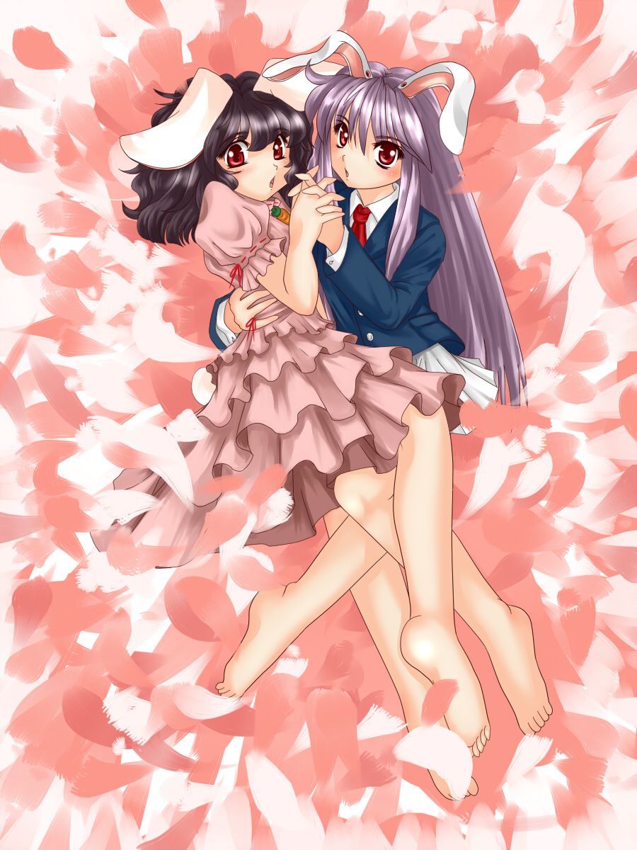 tadaneko, inaba tewi, reisen udongein inaba, touhou, highres, 2girls, animal ears, bad anatomy, bad feet, barefoot, black hair, carrot, feet, female focus, holding hands, long hair, lying, multiple girls, necktie, poorly drawn, purple hair, rabbit ears, red eyes, short hair