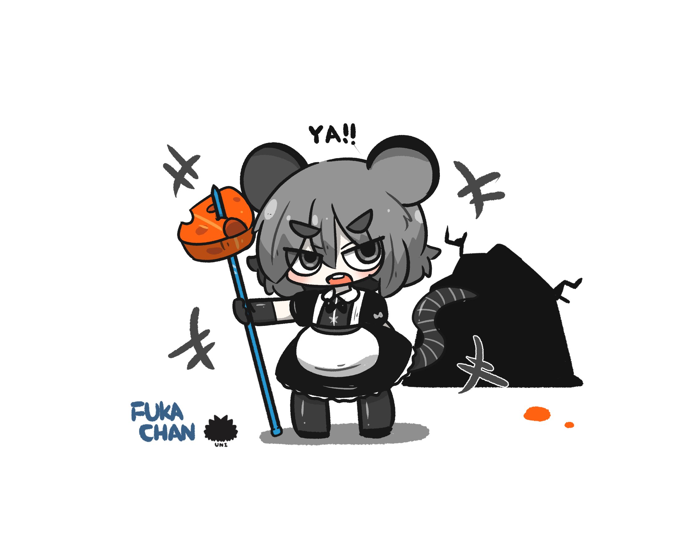 uni souchou, fuka-chan, original, commentary request, highres, +++, 1girl, animal ears, black dress, character name, cheese, chibi, collared dress, dress, elbow gloves, food, gloves, grey eyes, grey gloves, grey hair, grey pantyhose, holding, kemonomimi mode, mouse ears, mouse girl, mouse hole, mouse tail, open mouth, pantyhose, puffy short sleeves, puffy sleeves, sea urchin, shadow, short eyebrows, short sleeves, simple background, solo, standing, tail, teeth, thick eyebrows, upper teeth only, v-shaped eyebrows, white background
