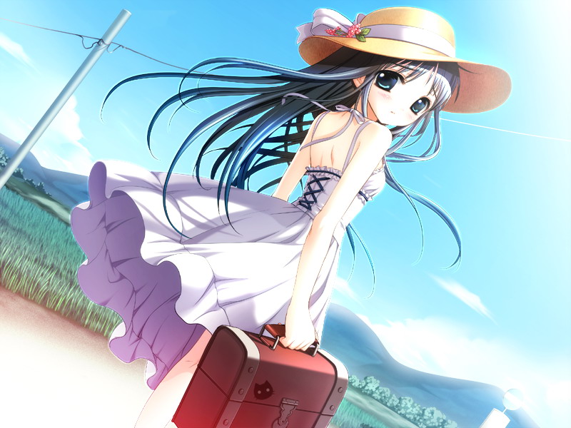 hiide, yotsunoha, game cg, 00s, 1girl, aqua eyes, bag, black hair, bus stop, contrail, day, dress, dutch angle, grass, hat, long hair, looking at viewer, looking back, power lines, scenery, sundress, utility pole, wind