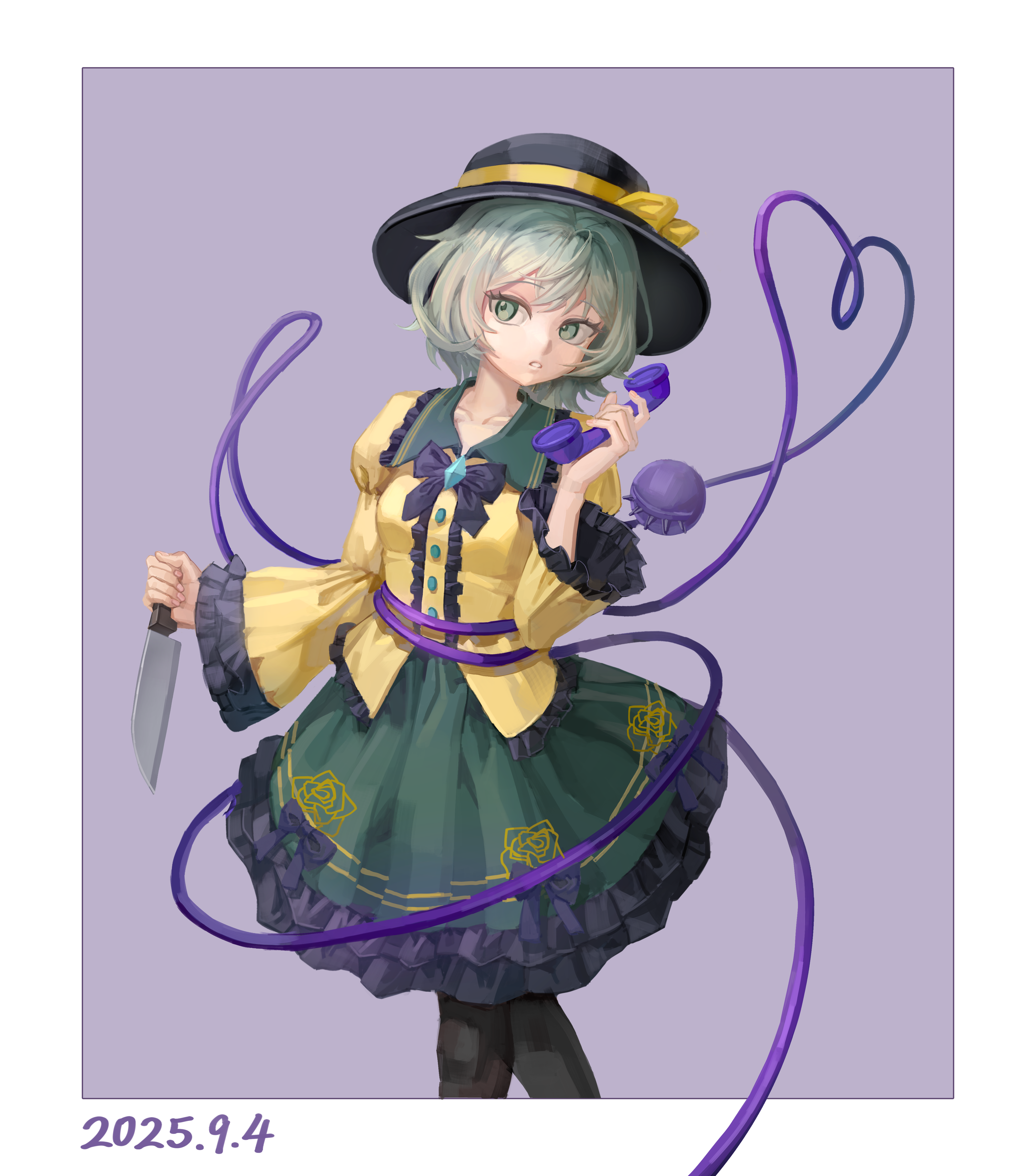 komeiji koishi, touhou, absurdres, highres, 1girl, bing guo, black hat, blouse, bow, buttons, calling, diamond button, eyeball, floral print, frilled shirt collar, frilled sleeves, frills, green eyes, green hair, green skirt, hat, hat bow, hat ribbon, heart, heart of string, holding, holding knife, holding phone, holding weapon, knife, long sleeves, looking at viewer, open mouth, pantyhose, phone, purple background, ribbon, rose print, shirt, short hair, skirt, solo, third eye, weapon, wide sleeves, yellow bow, yellow ribbon, yellow shirt
