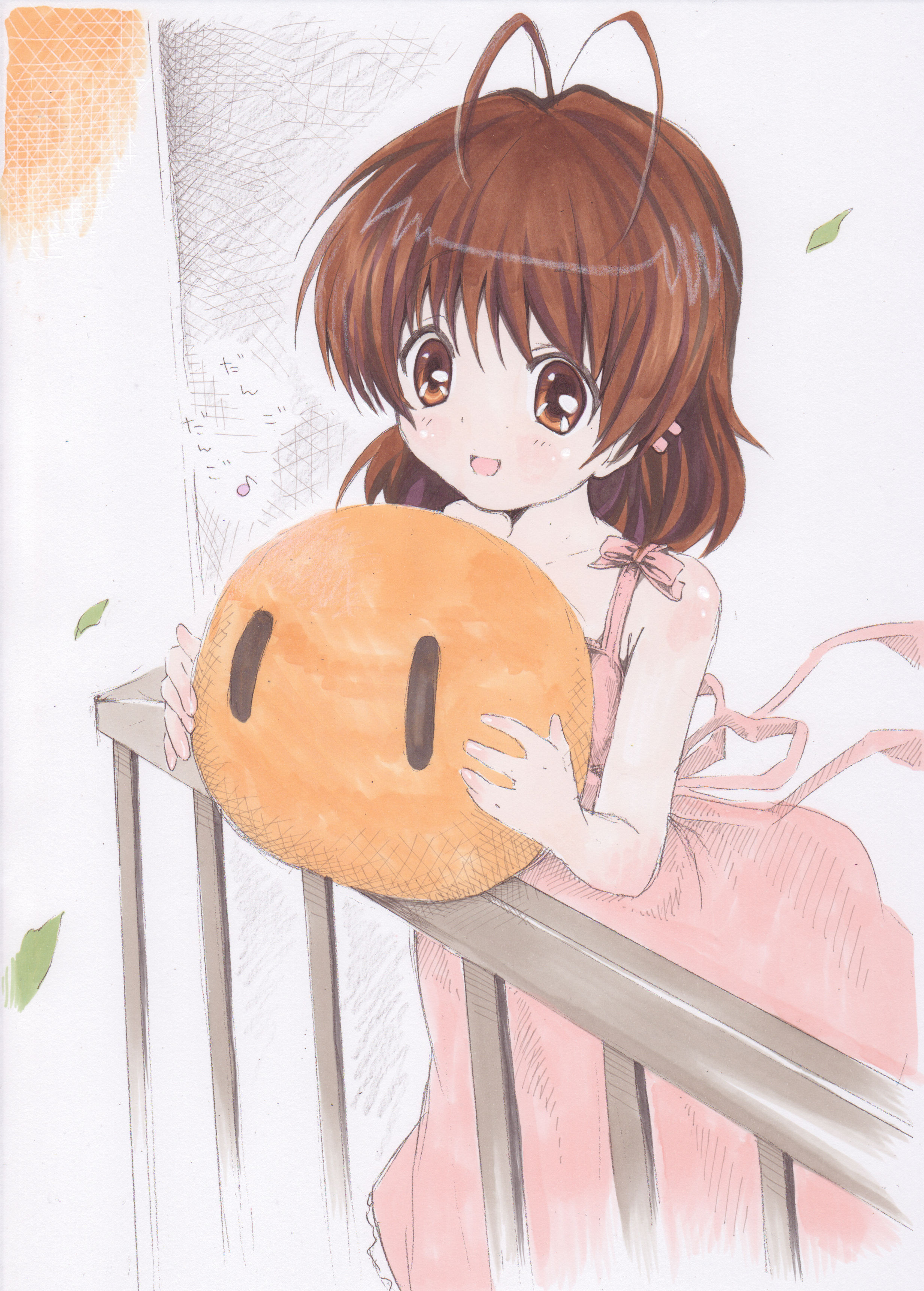 berry jou, furukawa nagisa, clannad, dango daikazoku, absurdres, bad id, bad pixiv id, highres, traditional media, 00s, antenna hair, balcony, brown eyes, brown hair, short hair, solo