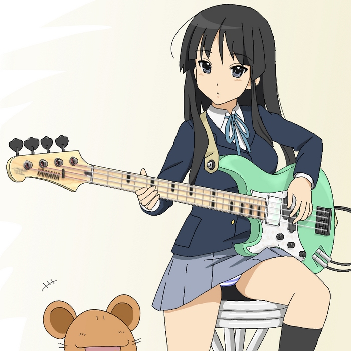 henkuma, akiyama mio, k-on!, 00s, 1girl, bass guitar, black hair, blunt bangs, female focus, gradient background, grey eyes, guitar, hime cut, instrument, long hair, panties, pantyshot, school uniform, solo, stool, striped clothes, striped panties, underwear, upskirt, yamaha attitude