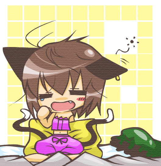 nagamo sakana, chen, touhou, 1girl, animal ears, bed, brown hair, cat ears, cat girl, cat tail, chibi, closed eyes, earrings, fang, female focus, hat, jewelry, messy hair, multiple tails, navel, pillow, sleepy, solo, tail, underwear, yawning