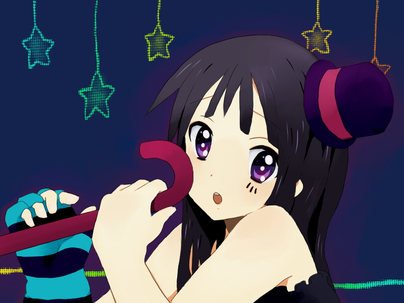 tooi, tooto, akiyama mio, don't say "lazy", k-on!, bad id, bad pixiv id, 00s, 1girl, bare shoulders, black hair, blunt bangs, cane, dress, facepaint, female focus, fingerless gloves, gloves, hat, hime cut, long hair, mini hat, mini top hat, purple eyes, solo, striped clothes, striped gloves, top hat