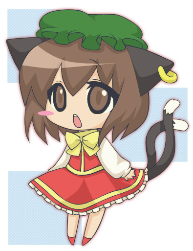 nagamo sakana, chen, touhou, 1girl, animal ears, brown eyes, brown hair, cat ears, cat girl, cat tail, earrings, female focus, full body, hat, jewelry, skirt, solo, tail