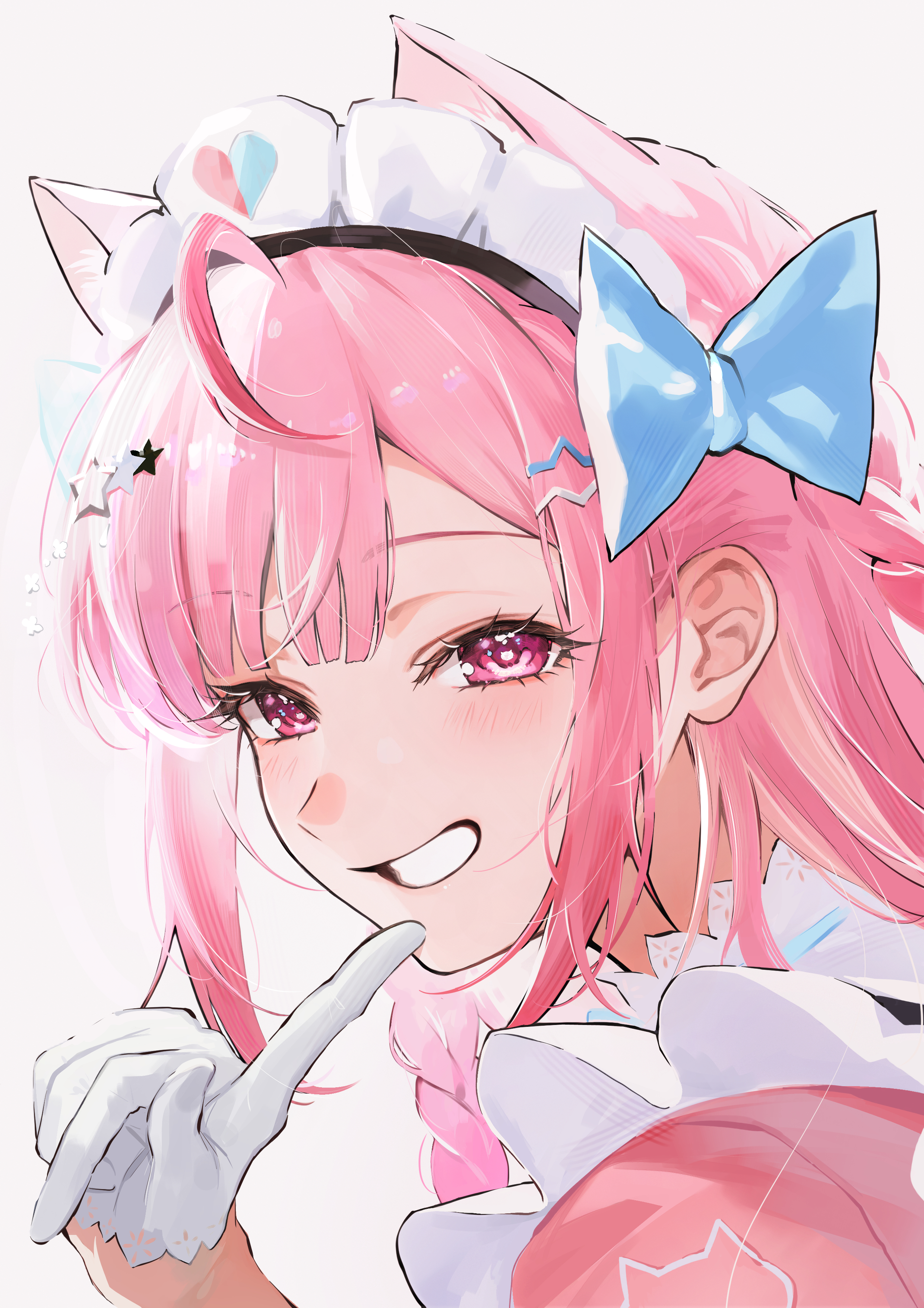 yuuki sakuna, indie virtual youtuber, absurdres, commentary, highres, 1girl, ahoge, animal ears, animal print, blue bow, blue ribbon, blush, bow, cat ears, cat girl, cat hair ornament, cat print, dress, extra ears, eyelashes, gloves, grin, hair bow, hair ornament, hairclip, heart, heart print, index finger raised, long hair, maid, maid headdress, neck ribbon, pink dress, pink eyes, pink hair, revenge road, ribbon, simple background, smile, solo, star (symbol), star hair ornament, virtual youtuber, white background, white gloves