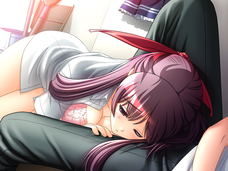 hiide, yuzuki iori, yotsunoha, game cg, 00s, 1boy, 1girl, blush, bottomless, bra, breasts, hair ribbon, large breasts, lingerie, long hair, lying, open clothes, open shirt, pink bra, ribbon, shirt, solo focus, underwear