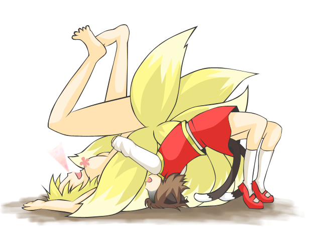 nagamo sakana, chen, yakumo ran, touhou, 2girls, animal ears, barefoot, blood, cat ears, cat girl, cat tail, censored, earrings, female focus, fox tail, german suplex, jewelry, multiple girls, nosebleed, nude, suplex, tail