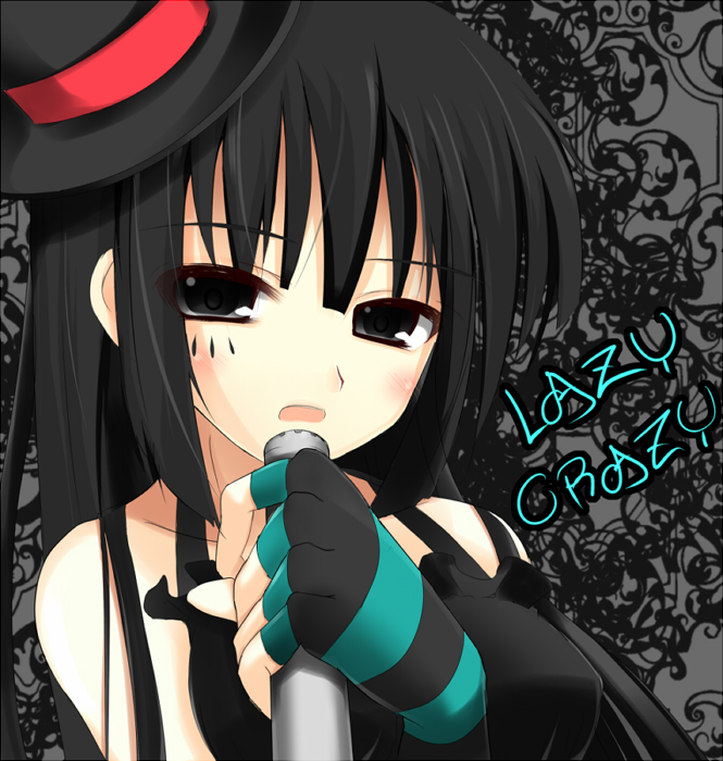 shikano sumiaki, akiyama mio, don't say "lazy", k-on!, bad id, bad pixiv id, 00s, 1girl, black hair, blunt bangs, dress, facepaint, female focus, fingerless gloves, gloves, hat, hime cut, long hair, microphone, microphone stand, mini hat, mini top hat, solo, striped clothes, striped gloves, top hat