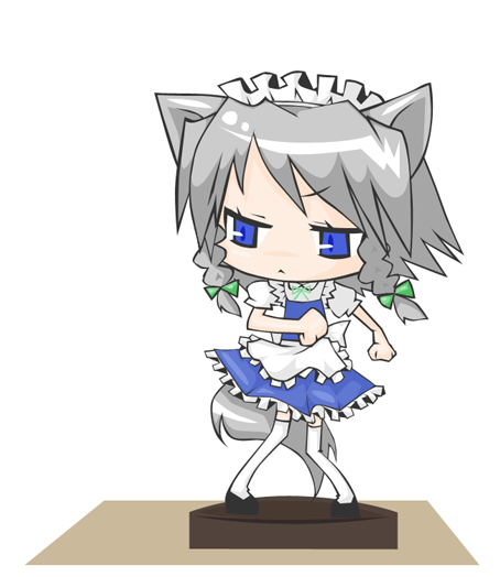 nagamo sakana, inu sakuya (nejikirio), izayoi sakuya, touhou, silver hair, 1girl, :<, animal ears, black shoes, blue eyes, braid, chibi, dog ears, dog girl, dog tail, female focus, hairband, kemonomimi mode, maid, shoes, short hair, simple background, solo, swept bangs, tail, thighhighs, twin braids, white background, white thighhighs