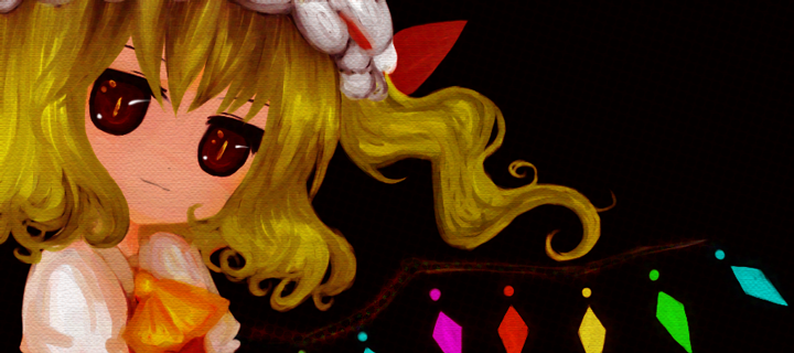 nagamo sakana, flandre scarlet, touhou, 1girl, black background, blonde hair, female focus, hat, mob cap, ponytail, red eyes, solo, white hat, wings
