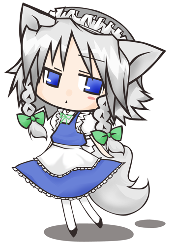 nagamo sakana, inu sakuya (nejikirio), izayoi sakuya, touhou, silver hair, lowres, 1girl, :<, animal ears, blue eyes, braid, chibi, dog ears, dog tail, female focus, full body, hairband, kemonomimi mode, maid, short hair, simple background, solo, tail, twin braids, white background