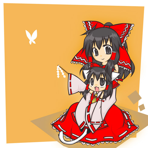 nagamo sakana, hakurei reimu, touhou, lowres, 1girl, aged down, animal ears, black hair, bug, butterfly, cat ears, cat girl, cat tail, detached sleeves, dual persona, female focus, gohei, japanese clothes, kemonomimi mode, long hair, miko, sitting, tail, time paradox