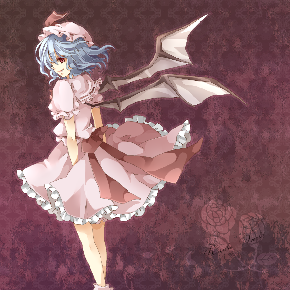moai (artist), moai (moai m), remilia scarlet, touhou, bad id, bad pixiv id, 1girl, blue hair, fang, female focus, hat, red eyes, solo, wings