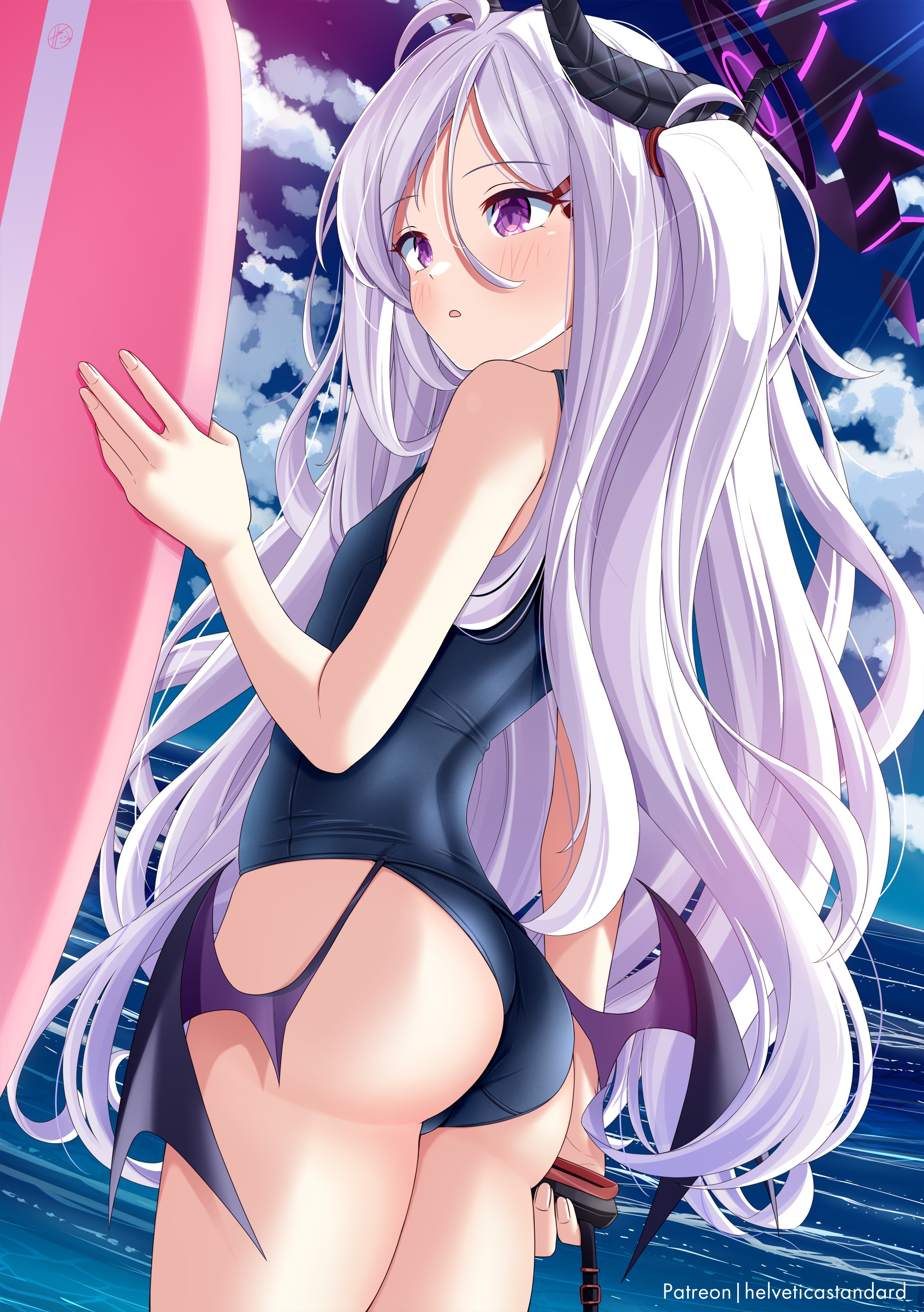 helvetica std, hina (blue archive), hina (swimsuit) (blue archive), blue archive, absurdres, commentary, highres, 1girl, ass, black halo, black horns, blue one-piece swimsuit, blush, breasts, day, demon wings, fingernails, from side, halo, holding, holding surfboard, horns, long hair, looking to the side, low wings, official alternate costume, one-piece swimsuit, outdoors, parted lips, patreon username, purple eyes, small breasts, solo, surfboard, swimsuit, very long hair, white hair, wings