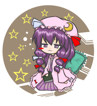 nagamo sakana, patchouli knowledge, touhou, lowres, 1girl, :3, book, chibi, cushion, female focus, full body, hat, purple eyes, purple hair, sitting, solo, star (symbol)