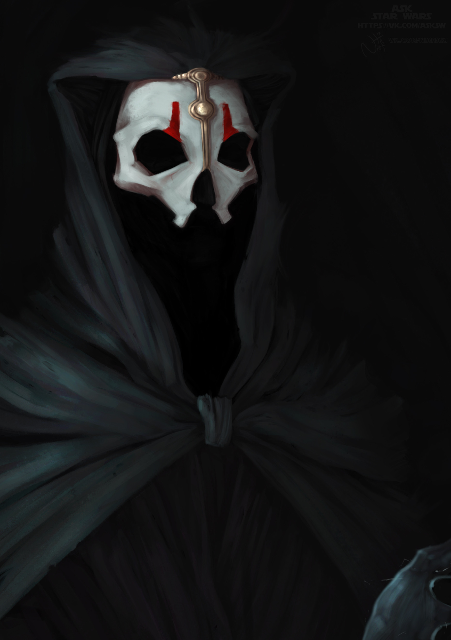 darth nihilus, star wars, star wars: knights of the old republic, absurdres, highres, 1boy, albumaurum, artist name, black robe, male focus, robe, solo, upper body, watermark, web address, white mask
