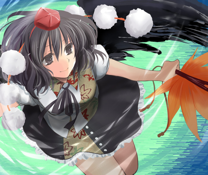 itte2, shameimaru aya, touhou, bad id, bad pixiv id, 1girl, black wings, female focus, hat, looking at viewer, smile, solo, wings