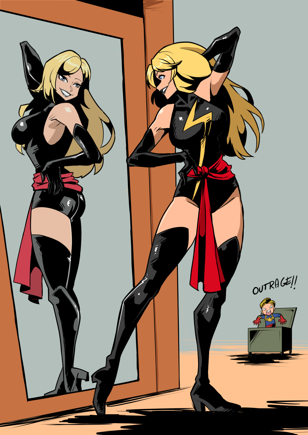 kukuruyo, captain marvel, carol danvers, ms. marvel, marvel, commentary, commission, english commentary, highres, 2girls, black boots, black gloves, black leotard, blonde hair, blue eyes, boots, box, breasts, dual persona, elbow gloves, gloves, hand in own hair, hand on own hip, heattech leotard, impossible clothes, impossible leotard, leotard, long hair, medium breasts, mirror, multiple girls, no mask, short hair, smile, superhero costume, thigh boots, turtleneck