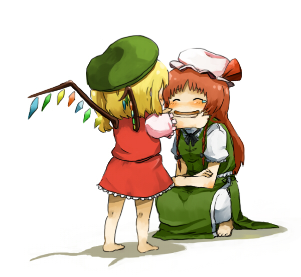 katayudetamago, flandre scarlet, hong meiling, embodiment of scarlet devil, touhou, 2girls, :d, ^ ^, asymmetrical hair, barefoot, beret, blonde hair, blush, bow, braid, cheek pinching, child, china dress, chinese clothes, closed eyes, dress, female focus, fingersmile, green dress, hat, hat bow, headwear switch, long hair, mob cap, multiple girls, open mouth, pinching, red hair, short hair, side ponytail, side slit, simple background, skirt, skirt set, smile, squatting, tears, twin braids, white background, wings