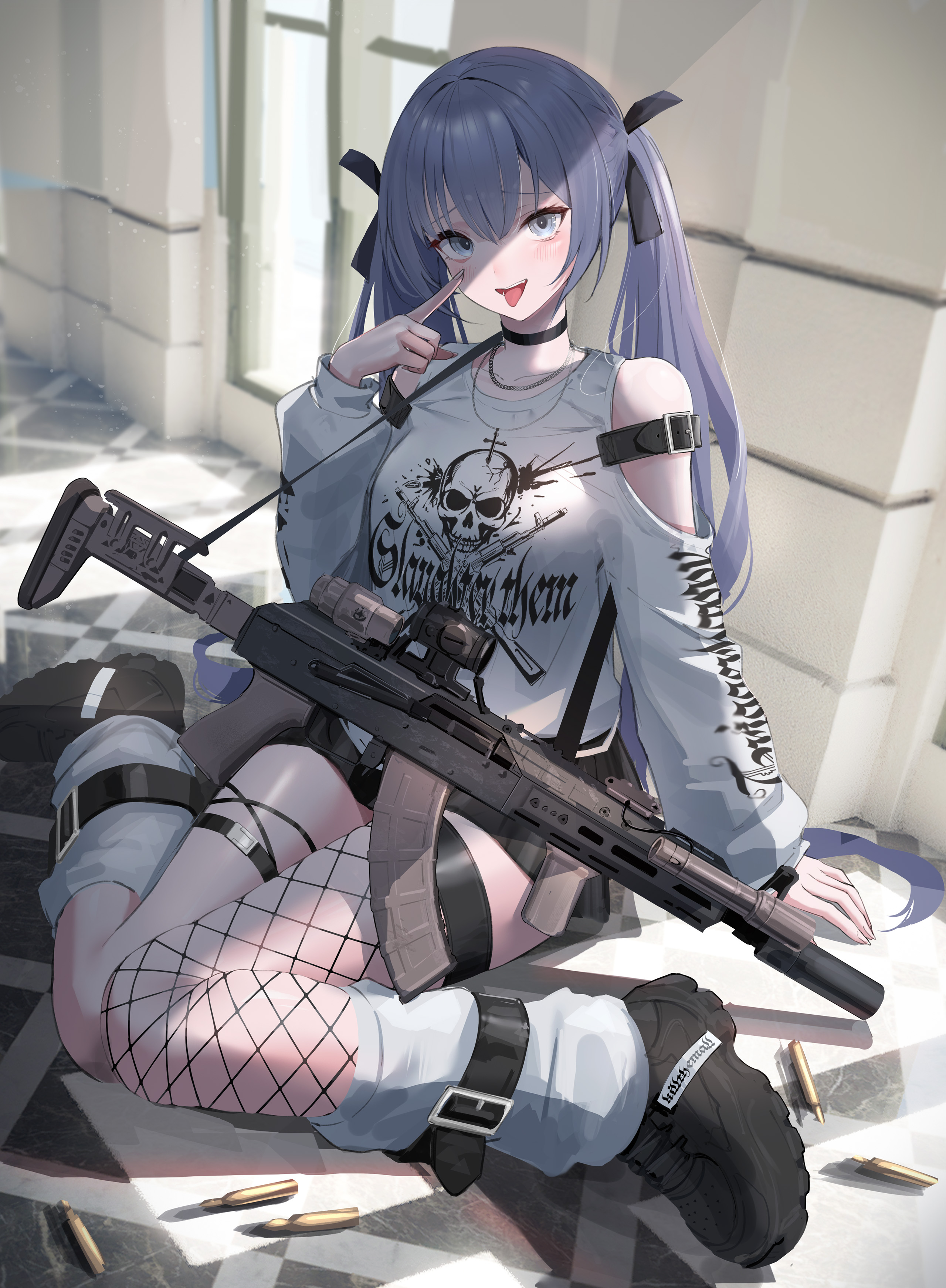 sthk, original, absurdres, commentary, highres, 1girl, arm up, bare shoulders, black choker, black shoes, black skirt, blush, bullet, choker, clothing cutout, fingernails, grey eyes, gun, hair between eyes, indoors, legs, long hair, long sleeves, looking at viewer, on floor, open mouth, purple eyes, shirt, shoes, shoulder cutout, sidelocks, sitting, skirt, skull print, thigh strap, thighs, tongue, tongue out, twintails, wariza, weapon, white shirt