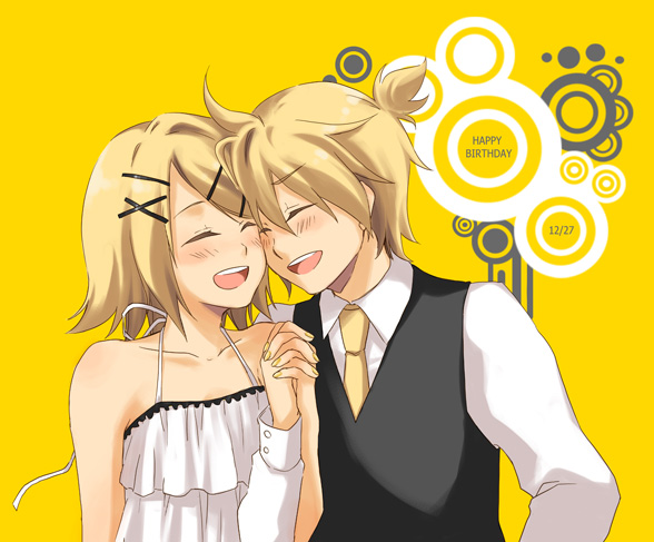 kuruma (rk), kagamine len, kagamine rin, cendrillon (vocaloid), vocaloid, bad id, bad pixiv id, 1boy, 1girl, bare shoulders, blush, brother and sister, camisole, closed eyes, hair ornament, hairclip, hetero, holding hands, interlocked fingers, siblings, spaghetti strap, twins