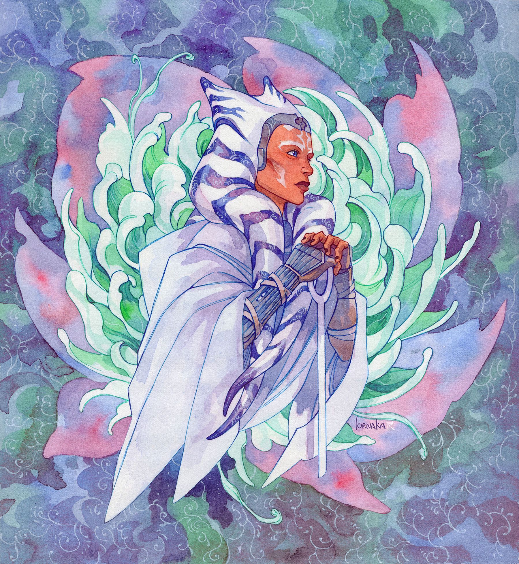 ahsoka tano, togruta, star wars, highres, 1girl, alien, blue eyes, colored skin, flower, ksenia zelentsova, lekku (anatomy), orange skin, signature, solo, upper body
