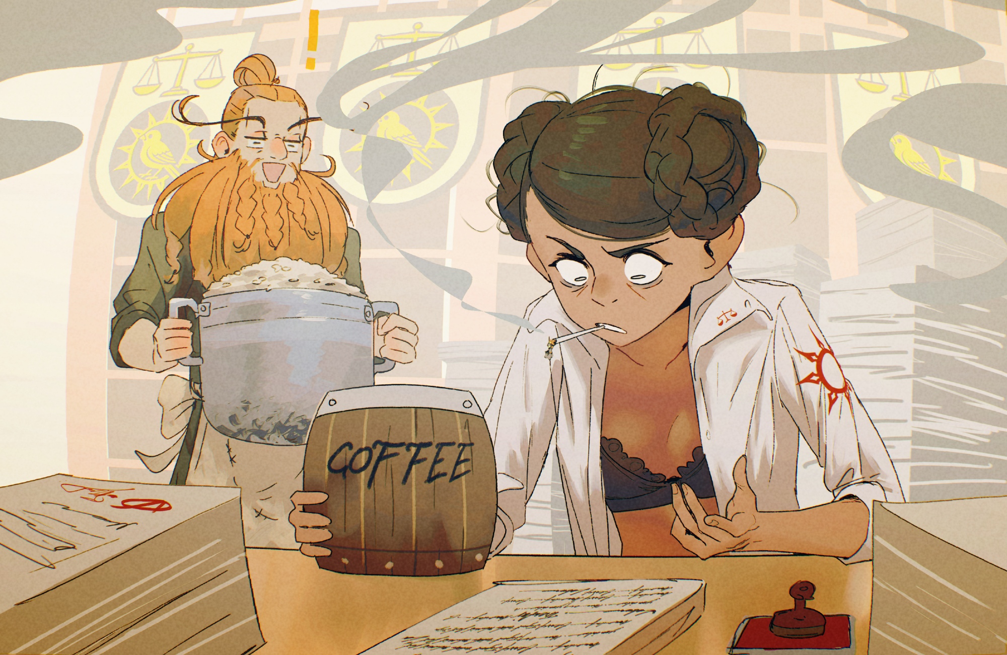 spindle (aidenr0), original, commentary, english commentary, highres, 1boy, 1girl, apron, beard, black bra, blonde hair, bra, braid, brown hair, bun with braided base, cigarette, cooking pot, cup, double bun, english text, facial hair, green shirt, hair bun, halden (spindle (aidenr0)), holding, holding cooking pot, ink stamp, long beard, long eyebrows, long sleeves, mug, open clothes, open mouth, open shirt, paper stack, parted lips, sanpaku, shirt, single hair bun, slice of life, smile, smoke, smoking, tess (spindle (aidenr0)), three-quarter sleeves, underwear, v-shaped eyebrows, white apron, white shirt