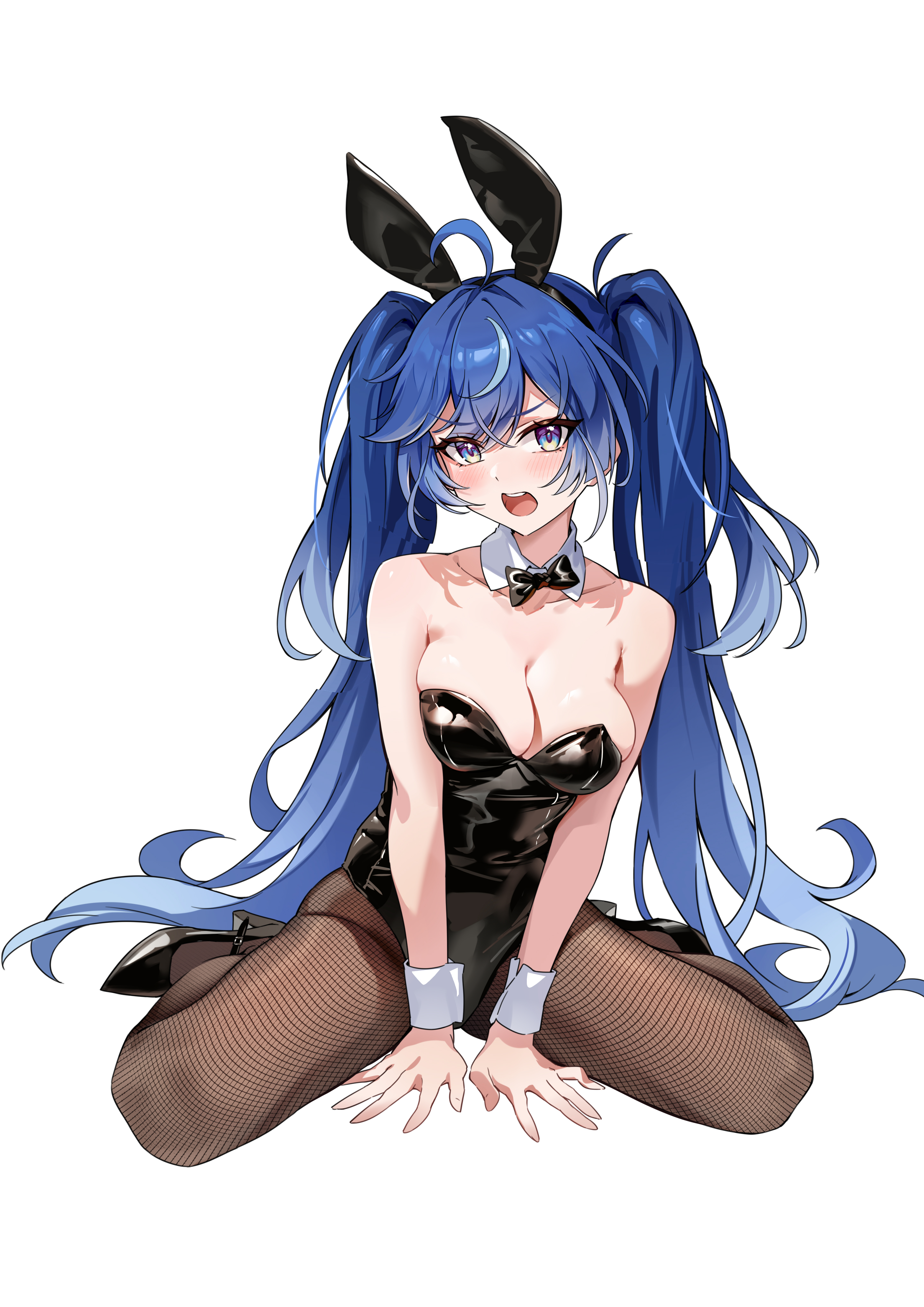 shenqi xiao hong zai nali, iuno (wuthering waves), wuthering waves, absurdres, highres, 1girl, alternate costume, animal ears, black leotard, black shoes, blue eyes, blue hair, breasts, cleavage, fake animal ears, fishnet pantyhose, fishnets, high heels, leotard, looking at viewer, medium breasts, open mouth, pantyhose, playboy bunny, rabbit ears, shoes, simple background, solo, strapless, strapless leotard, twintails, white background