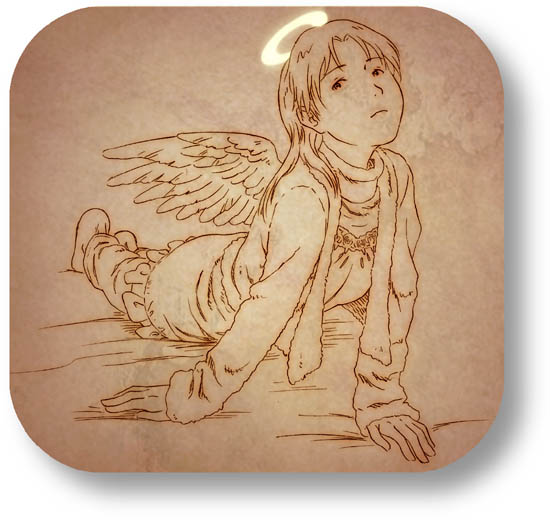 aaru sentou shuudan, nemu (haibane renmei), haibane renmei, 00s, 1girl, angel, angel wings, brown theme, coat, female focus, halo, lying, monochrome, on stomach, rounded corners, solo, traditional halo, wings