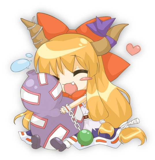 nagamo sakana, ibuki suika, touhou, 1girl, ^ ^, bow, brown hair, chain, chibi, closed eyes, fang, female focus, full body, gourd, gradient background, hair bow, heart, horns, ribbon, sitting, solo