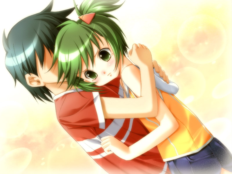 hiide, amachi matsuri, yotsunoha, game cg, 00s, 1boy, 1girl, aqua eyes, blush, couple, dutch angle, green eyes, green hair, hair ornament, hairpin, hetero, hug, no eyes, side ponytail, simple background, tears