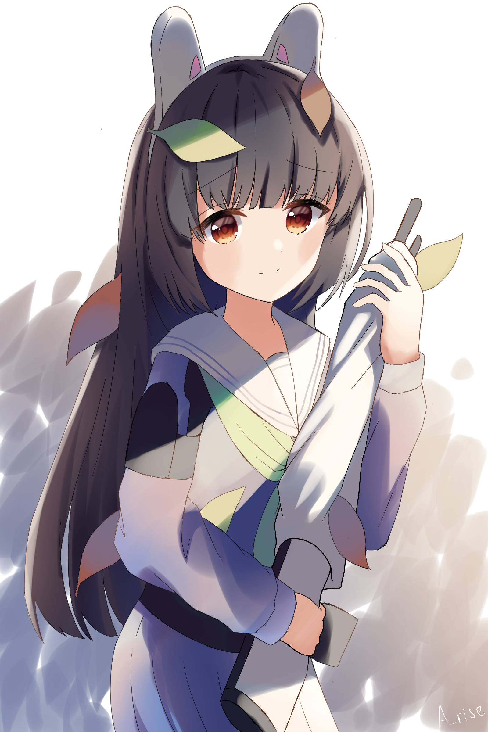 miyu (blue archive), blue archive, absurdres, highres, a rise, animal ears, black hair, fake animal ears, green necktie, gun, leaf, leaf on head, long hair, necktie, rabbit ears, red eyes, rifle, sailor collar, school uniform, skirt, smile, solo, weapon, white background, white skirt