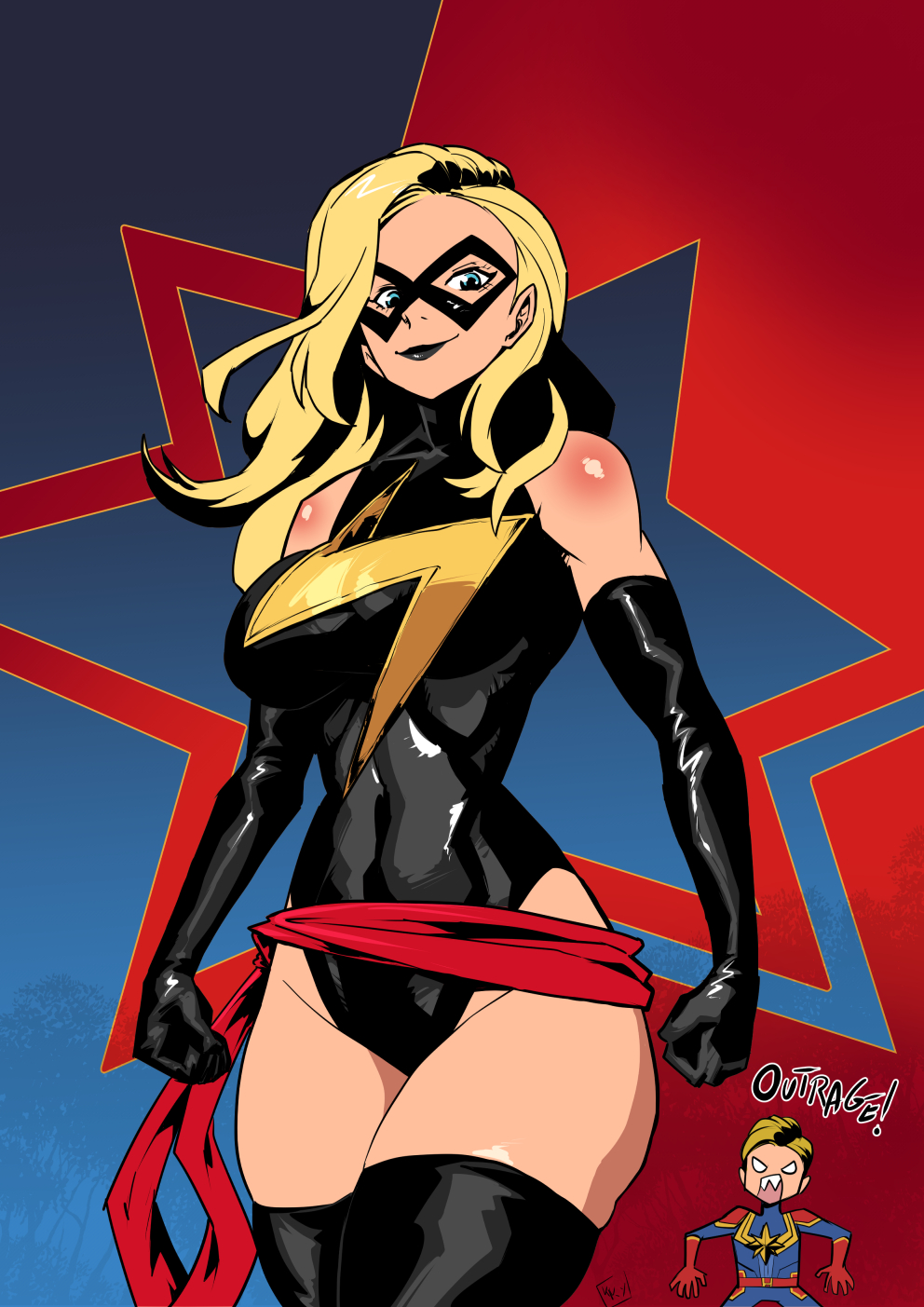 kukuruyo, captain marvel, carol danvers, ms. marvel, marvel, commentary, english commentary, highres, 1girl, black gloves, black thighhighs, blonde hair, blue eyes, breasts, domino mask, dual persona, elbow gloves, english text, eye mask, gloves, heattech leotard, highleg, highleg leotard, impossible clothes, impossible leotard, large breasts, leotard, long hair, mask, short hair, solo, superhero costume, thighhighs, turtleneck