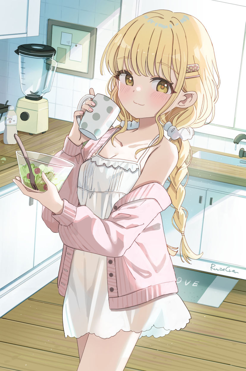 mao xiaozha (rumiechen), fujita kotone, gakuen idolmaster, idolmaster, highres, 1girl, blonde hair, breasts, cowboy shot, cup, drawer, dress, food, hair ornament, hair tie, hairpin, holding, holding cup, holding food, indoors, jacket, kitchen, looking at viewer, multiple hairpins, open clothes, open jacket, single off shoulder, small breasts, solo, sundress, window