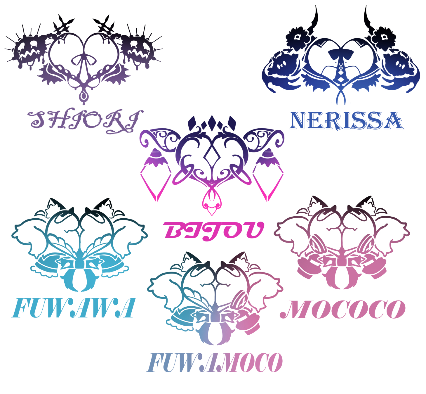 rlus, fuwawa abyssgard, jailbird (nerissa ravencroft), koseki bijou, mococo abyssgard, nerissa ravencroft, shiori novella, yorick (shiori novella), holoadvent, hololive, hololive english, commentary, english commentary, highres, animal ear fluff, animal ears, character name, collar, demon horns, dog ears, dog tail, english text, heart, horns, mole, no humans, pubic hair, pubic tattoo, spiked collar, spikes, tail, tattoo, white background