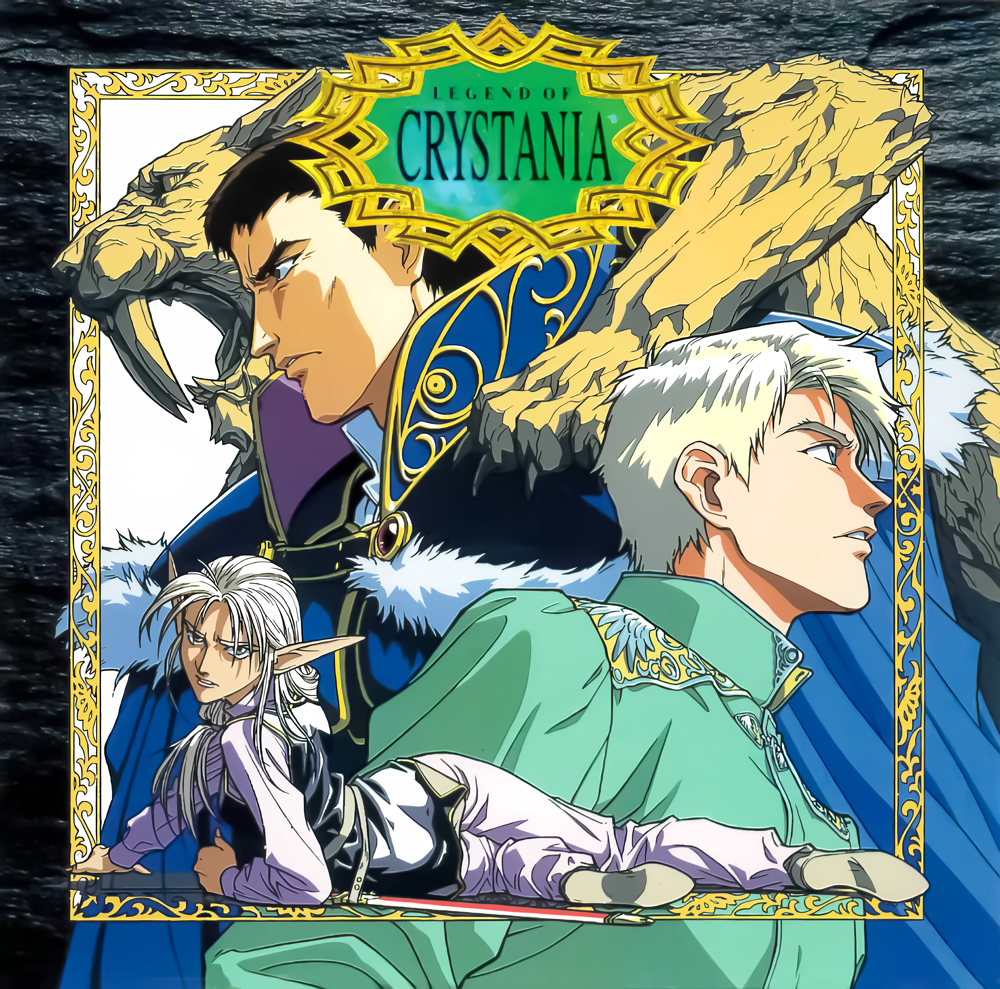 houtani yukitoshi, non-web source, official art, 1990s (style), 1girl, 2boys, black eyes, black hair, blonde hair, blue eyes, cape, copyright name, elf, fuuin densetsu crystania, long hair, long pointy ears, long sleeves, looking at viewer, lying, multiple boys, on side, parted lips, pointy ears, profile, redon, retro artstyle, short hair, turtleneck, white hair