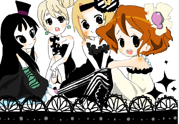 shiyoko (syokorate), shokora (artist), akiyama mio, hirasawa yui, kotobuki tsumugi, tainaka ritsu, don't say "lazy", k-on!, bad id, bad pixiv id, 00s, 4girls, black hair, blonde hair, blunt bangs, brown hair, chibi, hair ornament, hairclip, hat, hime cut, long hair, mini hat, mini top hat, multiple girls, short hair, top hat