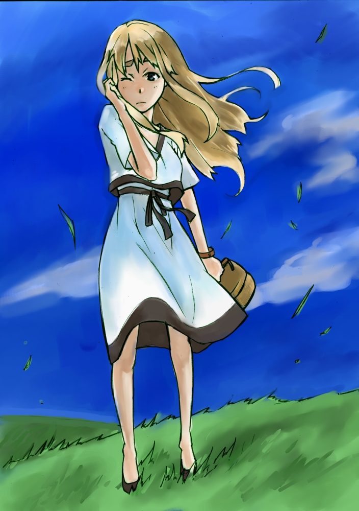 bingo (jianchuanyou), karappo (keith8387), kotobuki tsumugi, k-on!, bad id, bad pixiv id, 00s, 1girl, blonde hair, female focus, legs, long hair, nature, outdoors, sky, solo, wind