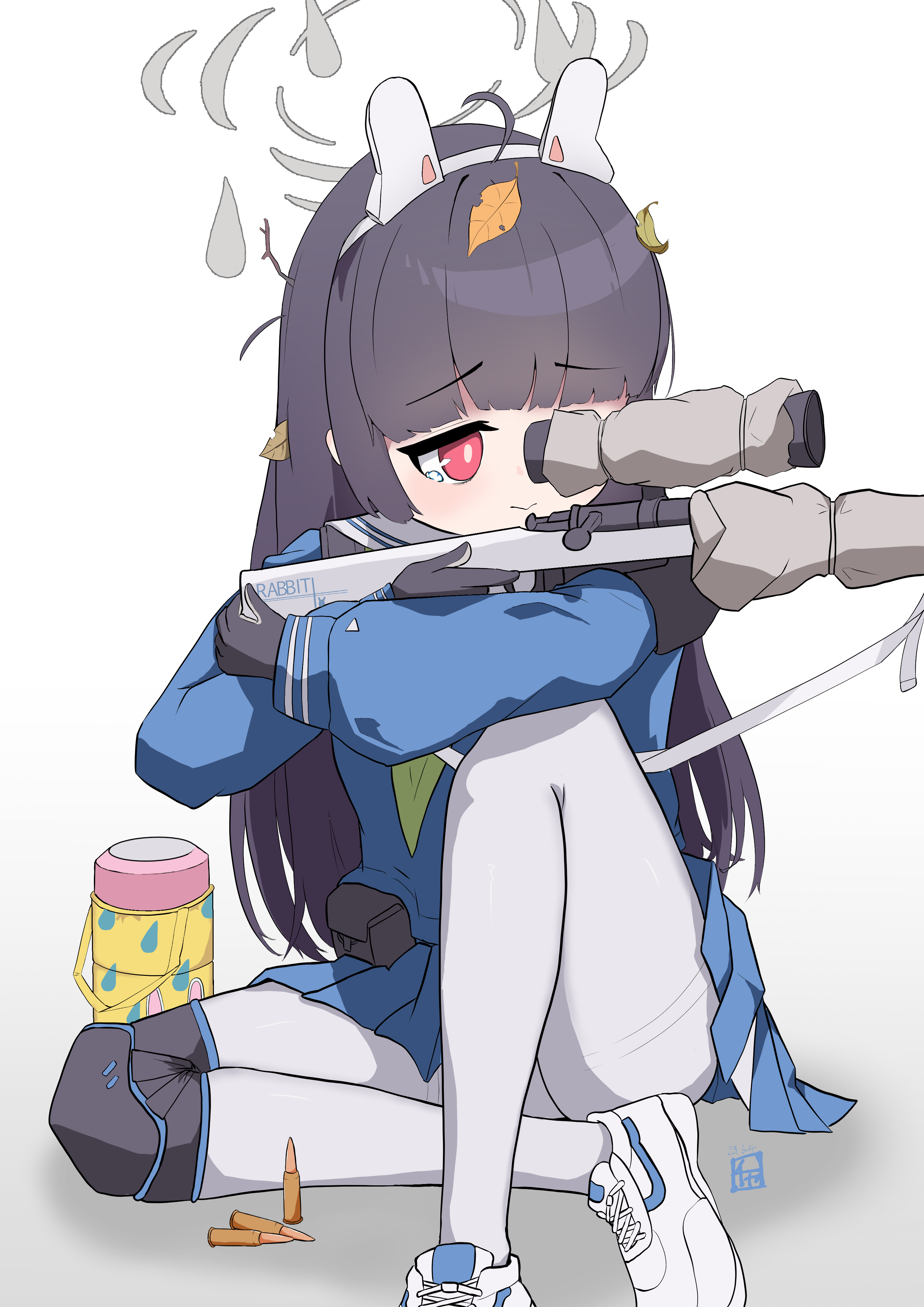 miyu (blue archive), blue archive, absurdres, highres, aiming, animal ears, black gloves, black hair, blue shirt, blue skirt, bolt action, bright pupils, charlie0290141, closed mouth, fake animal ears, gloves, green necktie, gun, halo, knee pads, leaf, leaf on head, long hair, necktie, pantyhose, pleated skirt, rabbit ears, red eyes, rifle, sailor collar, school uniform, scope, shirt, shoes, single knee pad, sitting, skirt, sneakers, sniper rifle, solo, tearing up, weapon, white background, white pantyhose, white pupils