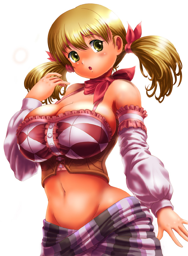 moriichi, lionela heinze, atelier (series), atelier rorona, gust, tecmo, 1girl, bare shoulders, blonde hair, blush, breasts, bustier, cleavage, detached sleeves, female focus, groin, huge breasts, midriff, navel, open mouth, simple background, solo, twintails, white background, yellow eyes