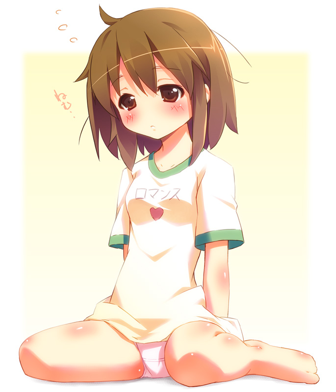 pu-en, hirasawa yui, k-on!, 00s, 1girl, barefoot, blush, breasts, brown eyes, brown hair, clothes writing, feet, female focus, gradient background, heart, heart print, panties, pantyshot, print shirt, shirt, short hair, short sleeves, sitting, sleepy, small breasts, solo, toes, underwear, wariza, white panties, white shirt, yellow background