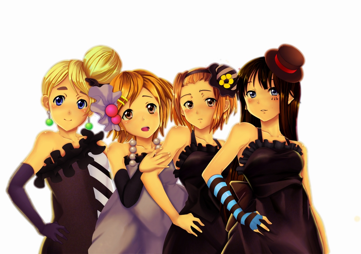 cruizer, akiyama mio, hirasawa yui, kotobuki tsumugi, tainaka ritsu, don't say "lazy", k-on!, striped, bad id, bad pixiv id, 00s, 4girls, black hair, blonde hair, blunt bangs, brown hair, hair bun, hat, hime cut, ho-kago tea time, mini hat, mini top hat, multiple girls, short hair, single hair bun, top hat