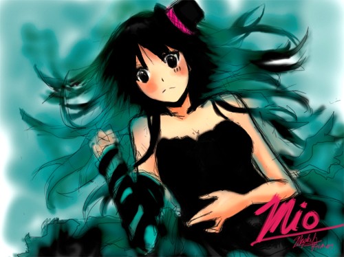 mf, mf (mizukif), akiyama mio, don't say "lazy", k-on!, striped, lowres, 00s, 1girl, black hair, blunt bangs, facepaint, female focus, hat, hime cut, long hair, mini hat, mini top hat, solo, top hat