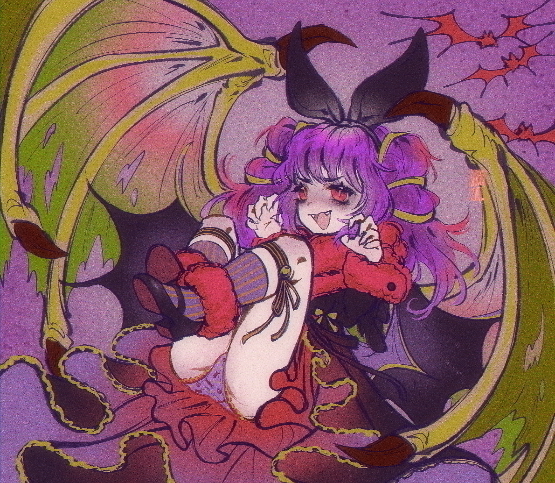 gh0sttnacht, myrrh (fire emblem), myrrh (halloween) (fire emblem), fire emblem, fire emblem: the sacred stones, fire emblem heroes, nintendo, highres, 1girl, animal ears, ass, bags under eyes, bat (animal), bat ears, claw pose, dragon girl, dragon wings, fake animal ears, fangs, halloween, halloween costume, legs up, long sleeves, multi-tied hair, official alternate costume, panties, pantyshot, purple hair, purple panties, red eyes, slit pupils, torn wings, twintails, underwear, wings