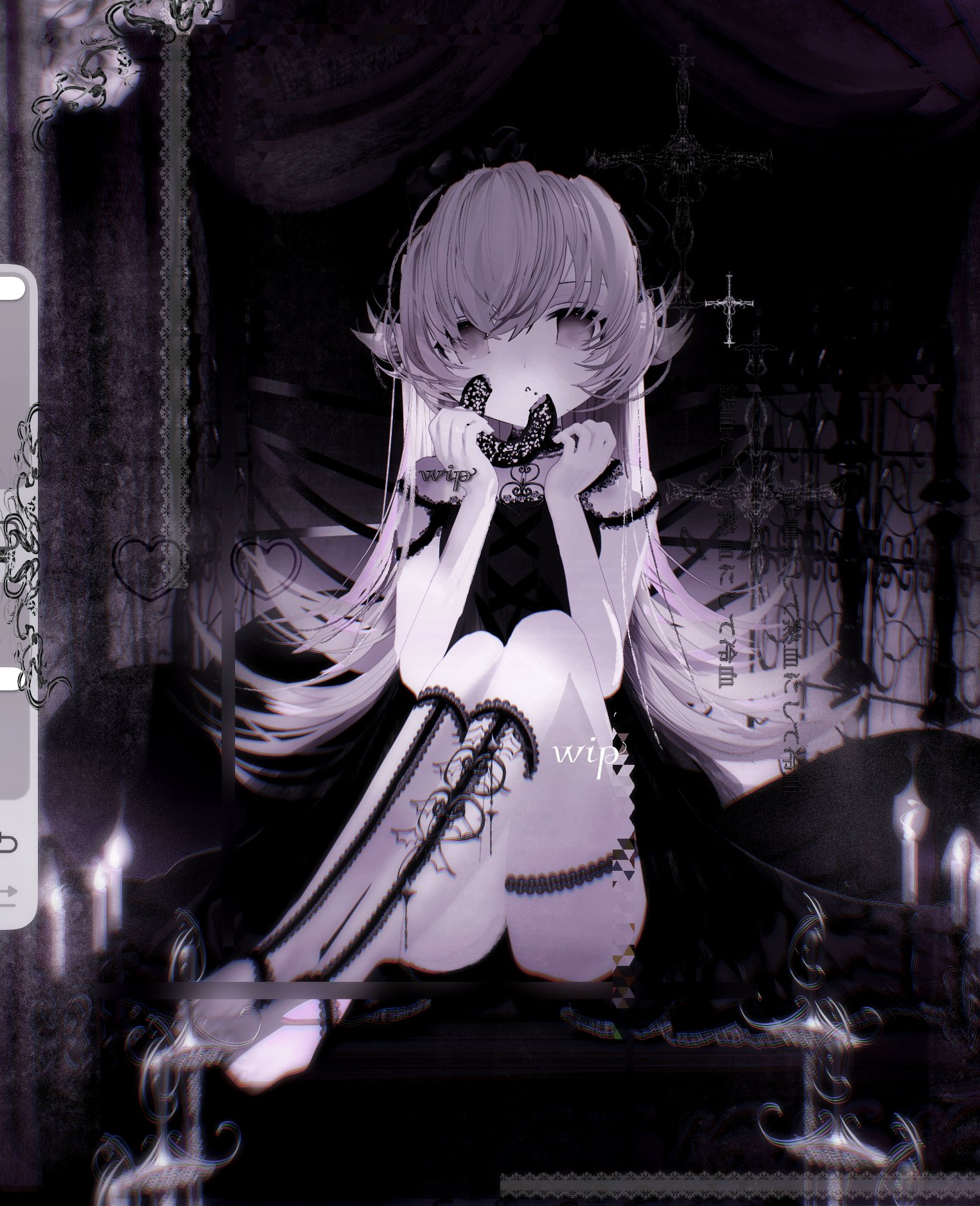 oshino shinobu, monogatari (series), highres, unfinished, art program in frame, babydoll, barefoot, black babydoll, black leggings, black panties, blonde hair, blurry, candle, chaise longue, chocolate donut, closed mouth, cross, curled fingers, curtains, detached leggings, donut, dot nose, expressionless, flat chest, flipped hair, food, food on face, full body, grey eyes, grey theme, hair between eyes, hair flaps, hand on own face, hands up, heart, holding, holding food, indoors, knees up, lace-trimmed leggings, lace trim, leggings, legs together, long hair, panties, sidelocks, thigh strap, underwear, very long hair, window, x yo 1
