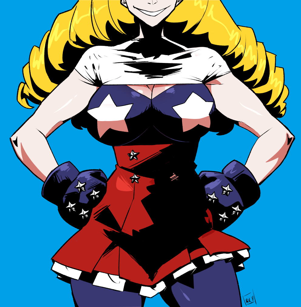 kukuruyo, original, commentary, english commentary, 1girl, blue background, blue gloves, blue pantyhose, boxing gloves, breasts, cleavage, cowboy shot, dress, drill hair, gloves, head out of frame, large breasts, pantyhose, short dress, signature, smile, solo, turtleneck